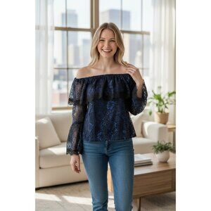 White House Black Market Hannie Lace Off the Shoulder Top Blue Black Women's 6